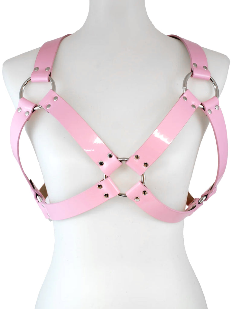 Pink Leather Bra Harness With Wide Straps & O Rings