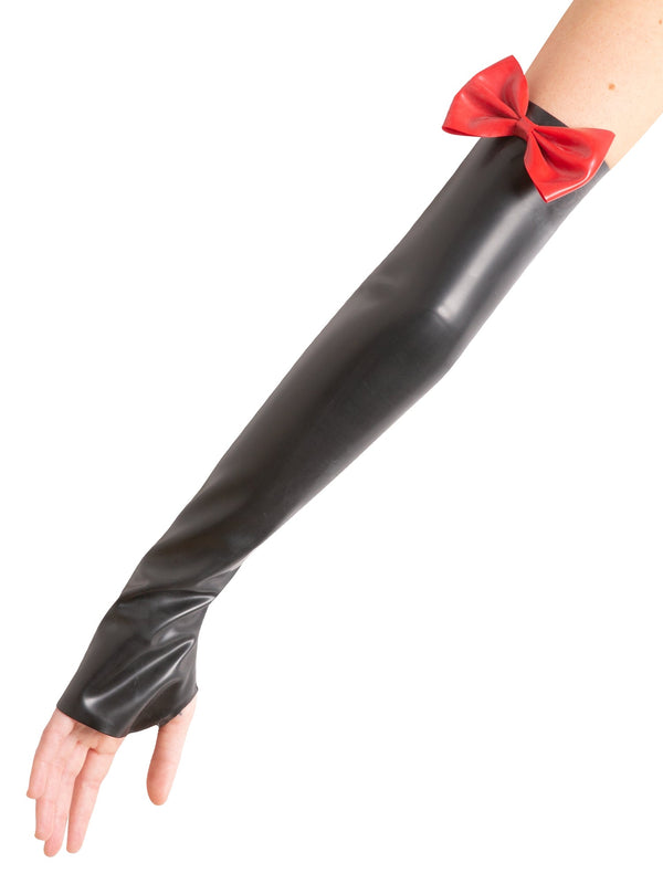 Latex Black/Red Elbow Gauntlets With Feature Bow - Honour Clothing