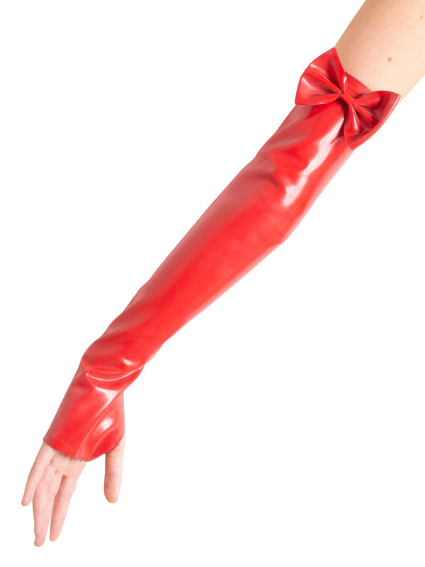 Latex Red Elbow Gauntlets With Feature Bow - Honour Clothing