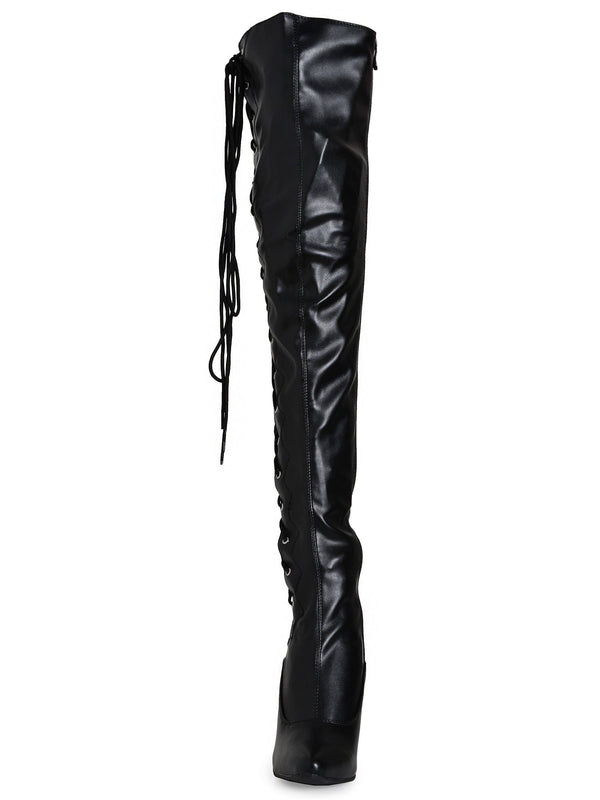 Matte Black Side Laced Thigh Boots - Honour Clothing