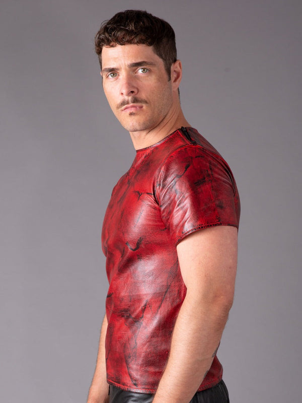 Round Neck Premium Leather T-Shirt - Red - Honour Clothing