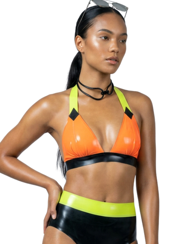 Tri-Tone Contrast Latex Halter Bikini Top