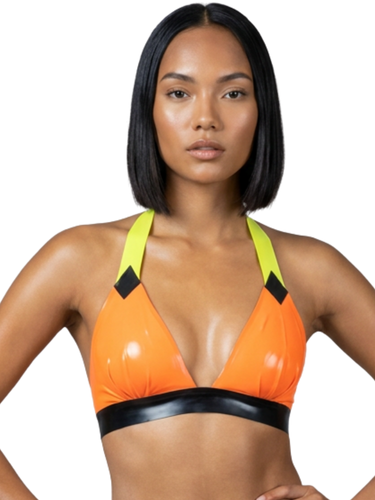 Tri-Tone Contrast Latex Halter Bikini Top