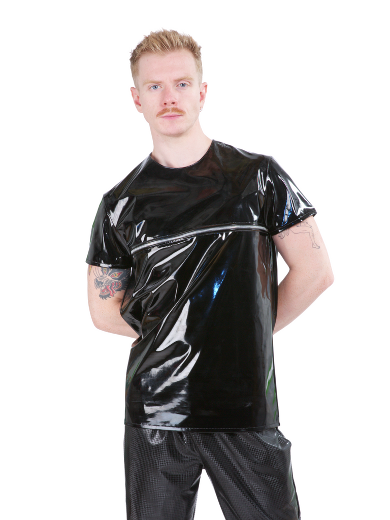 Men's Black PVC T-Shirt With Chest Zipper