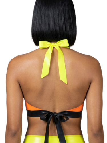 Tri-Tone Contrast Latex Halter Bikini Top