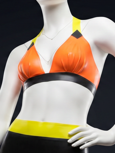 Tri-Tone Contrast Latex Halter Bikini Top