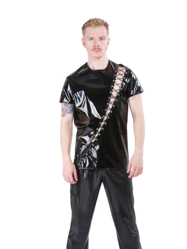 Men's Black PVC T-Shirt With Crossbody Lace Up Details