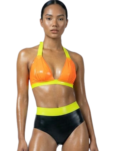 Neon Contrast Latex Halter Bikini Top