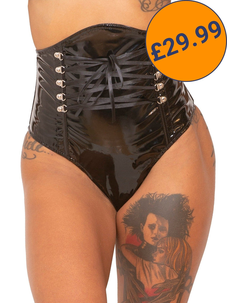 Secret Sale - Black PVC Boned Corset High Waist Knickers
