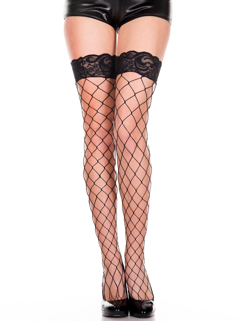 White Diamond Net Spandex Stockings With Lace Top Band