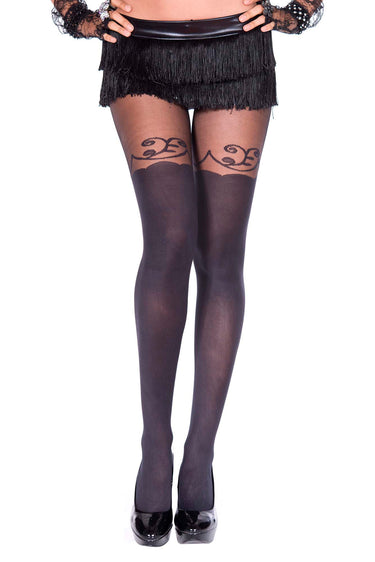 Tights With Faux Stockings & Lacy Garter