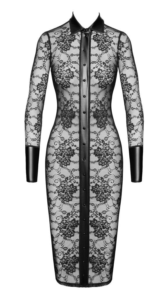 Wetlook & Lace Button-Front Midi Dress