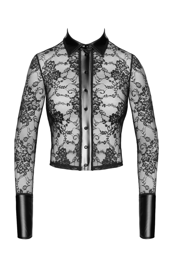 Wetlook & Lace Button-Front Shirt