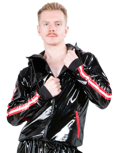 Red & White Stripe PVC Hooded Tracksuit Jacket