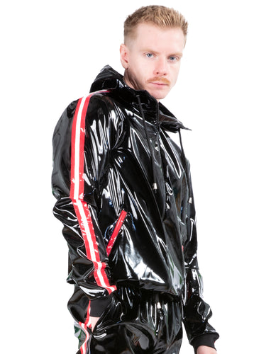Red & White Stripe PVC Hooded Tracksuit Jacket