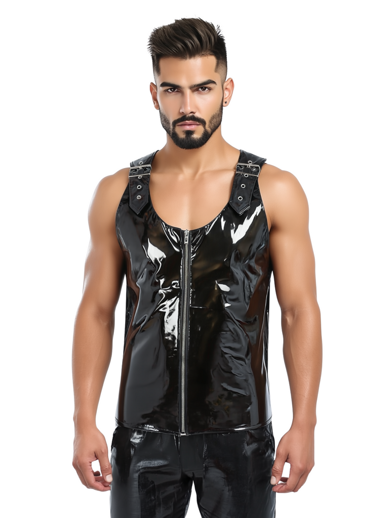 Men's Black PVC Vest With Buckled Shoulders