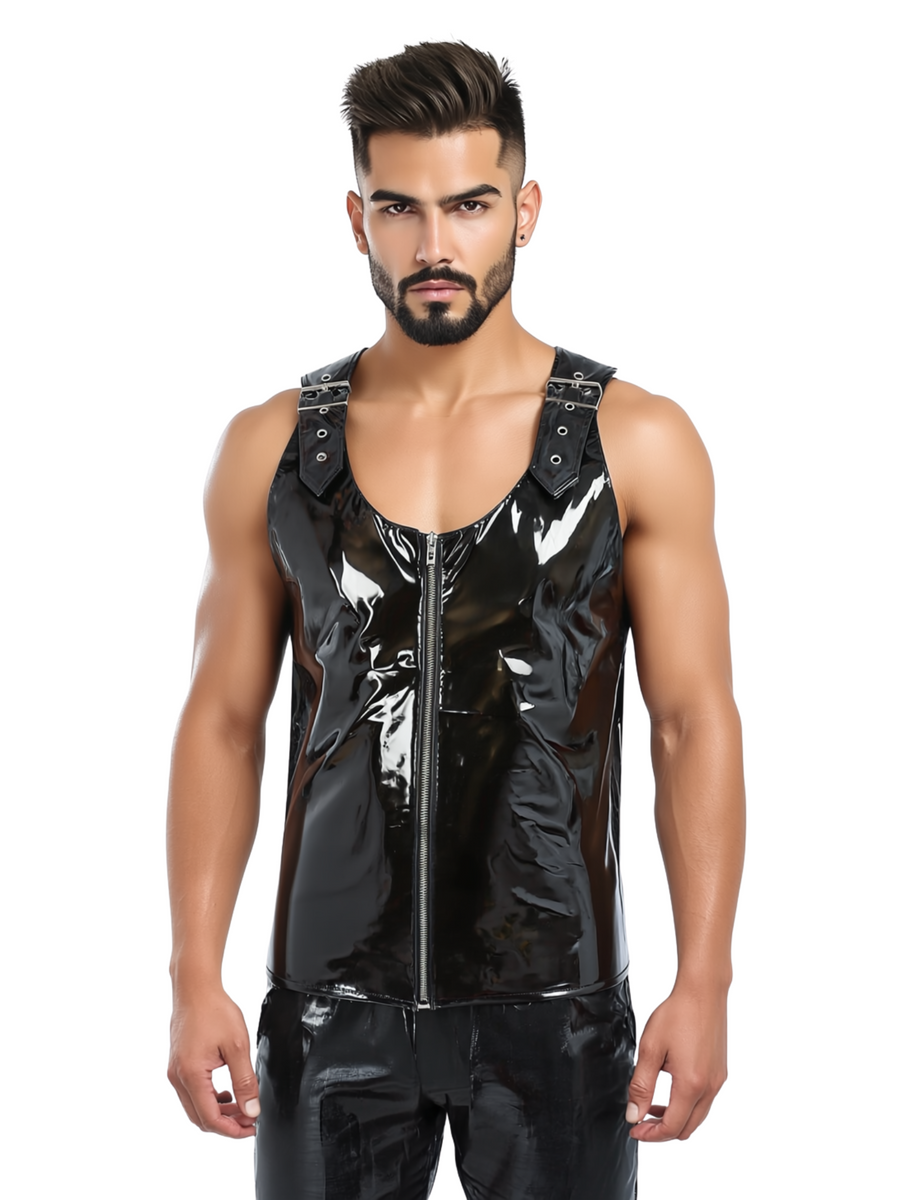Shoulder Jacket Pvc Men's Black PVC Vest With Buckled Shoulders – Honour Clothing