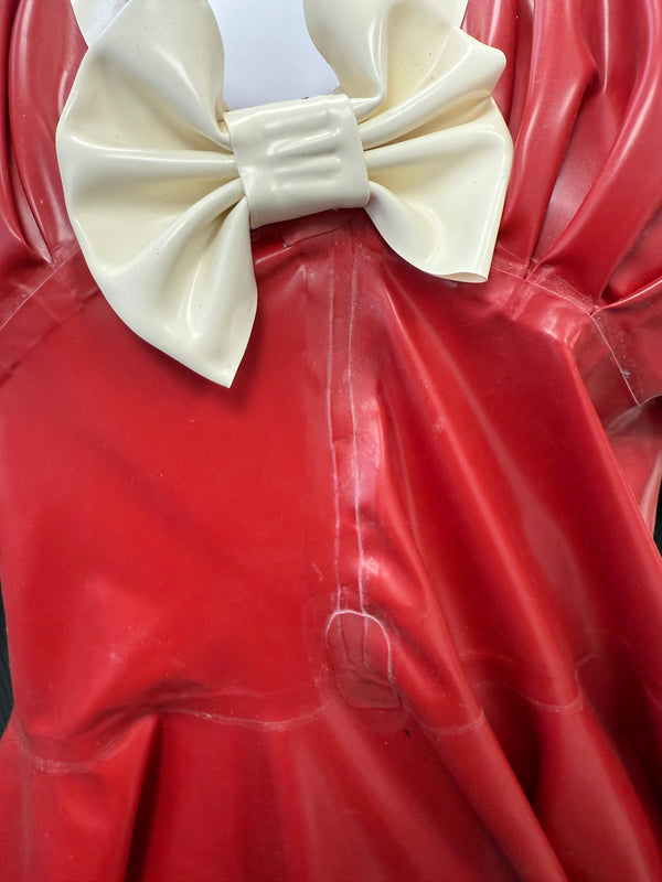 Clearance - Red Latex/Rubber Halterneck Skater Dress With White Trim & Bow, Size XL