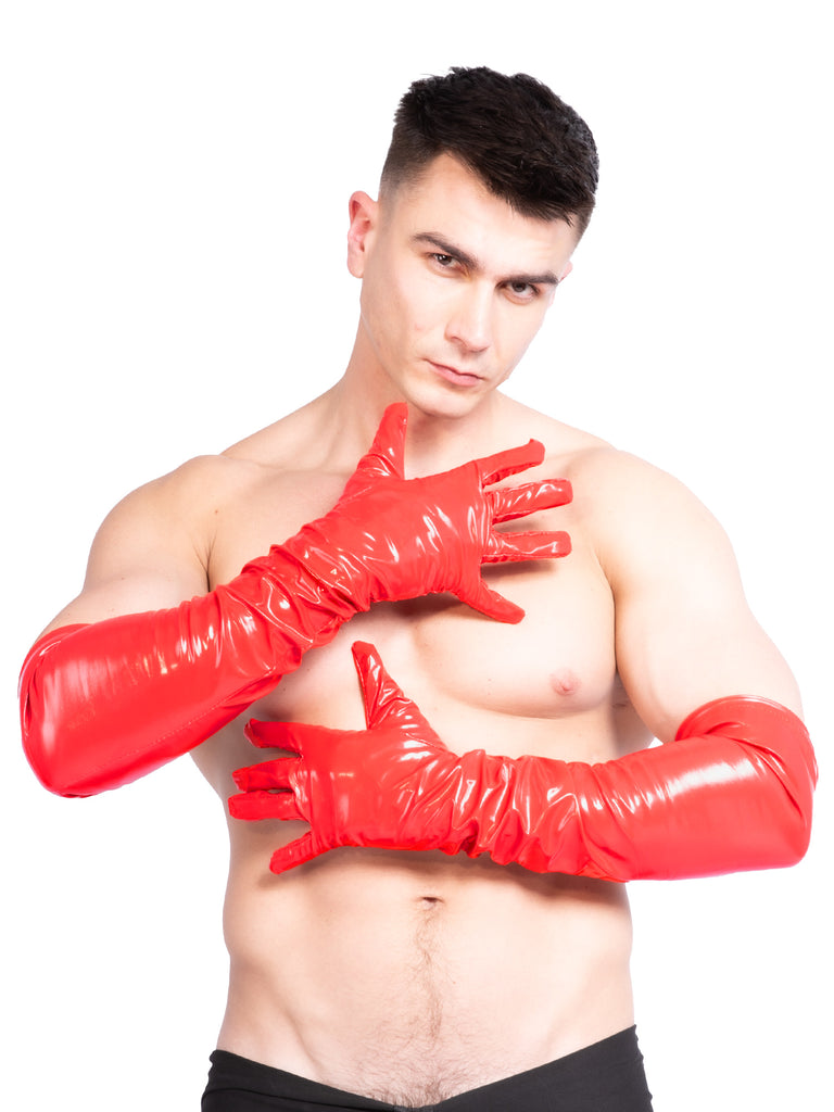 Red Men`s PVC Long Opera Gloves - Honour Clothing