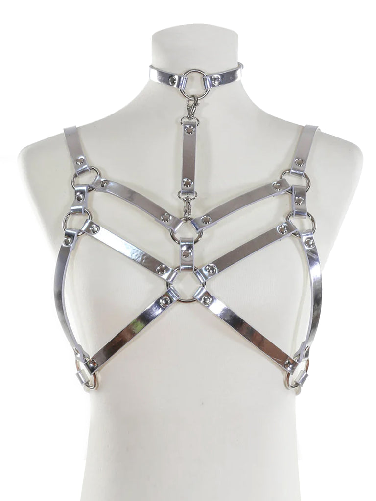 Bra Harness With Double Straps And Choker - Smooth Silver