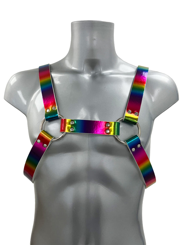 Chunky Buckled Chest Harness In Silver Rainbow