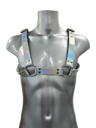 Chunky Buckled Chest Harness In Silver Rainbow