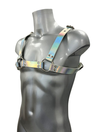 Chunky Buckled Chest Harness In Silver Rainbow