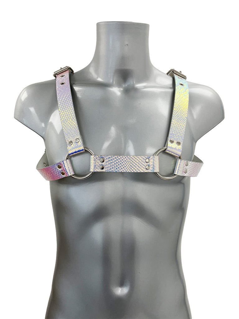 Chunky Buckled Chest Harness In Silver Rainbow