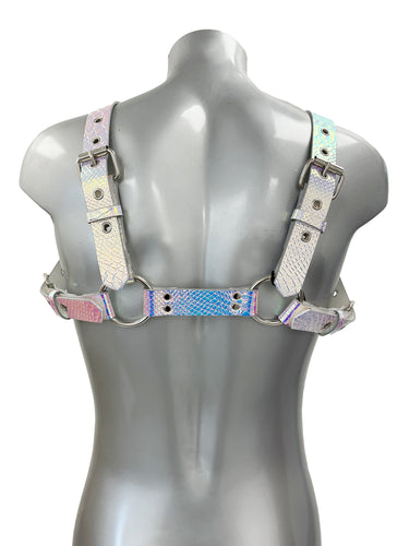 Chunky Buckled Chest Harness In Silver Rainbow