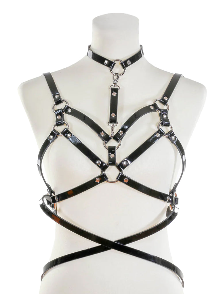 Bra Harness With Double Straps, Belt And Choker - Black