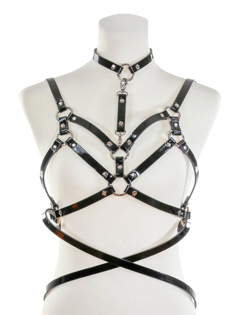 Bra Harness With Double Straps, Belt And Choker - Silver - Honour Clothing
