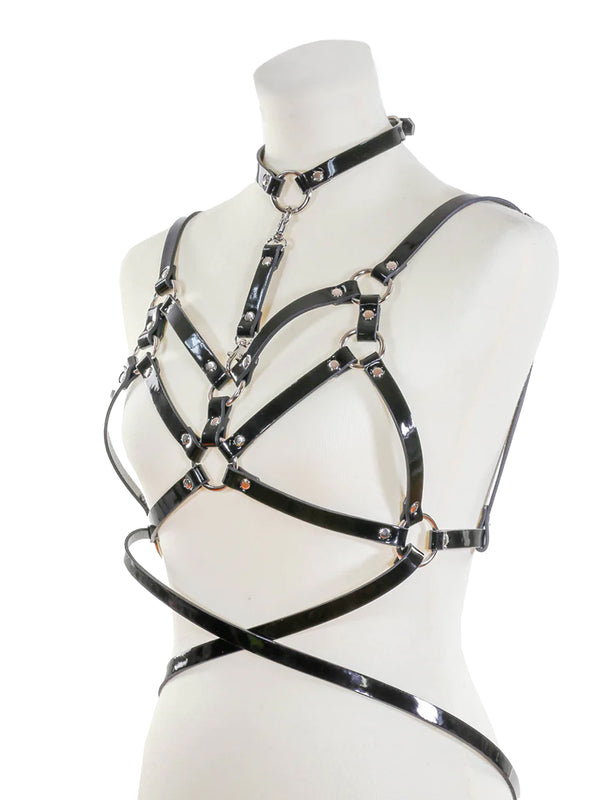 Bra Harness With Double Straps, Belt And Choker - Black