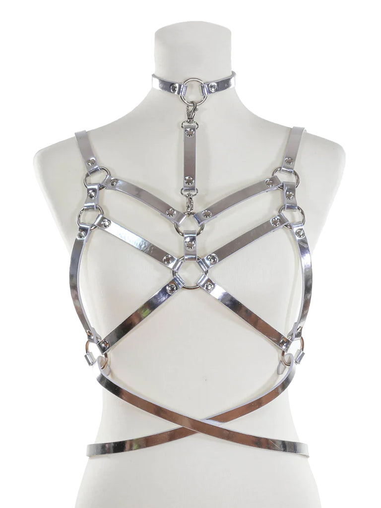 Bra Harness With Double Straps, Belt And Choker - Silver - Honour Clothing