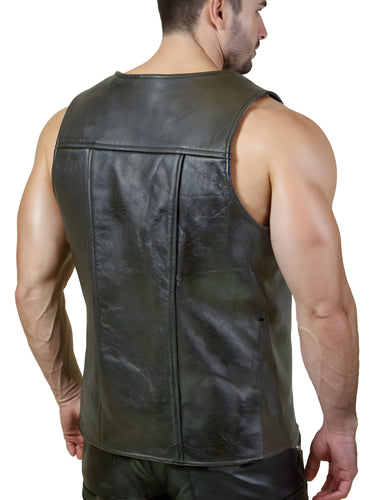 Black Leather Waistcoat With Purple Buckled Shoulders
