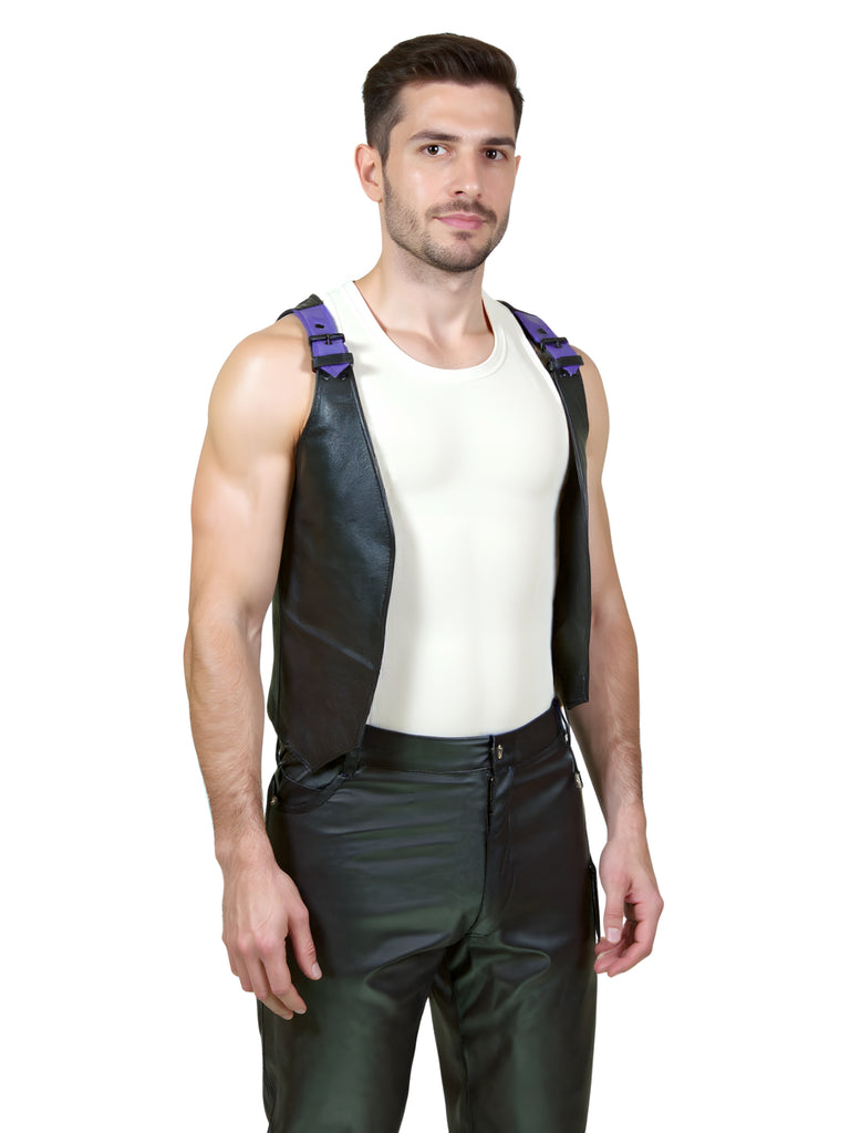 Black Leather Waistcoat With Red Buckled Shoulders