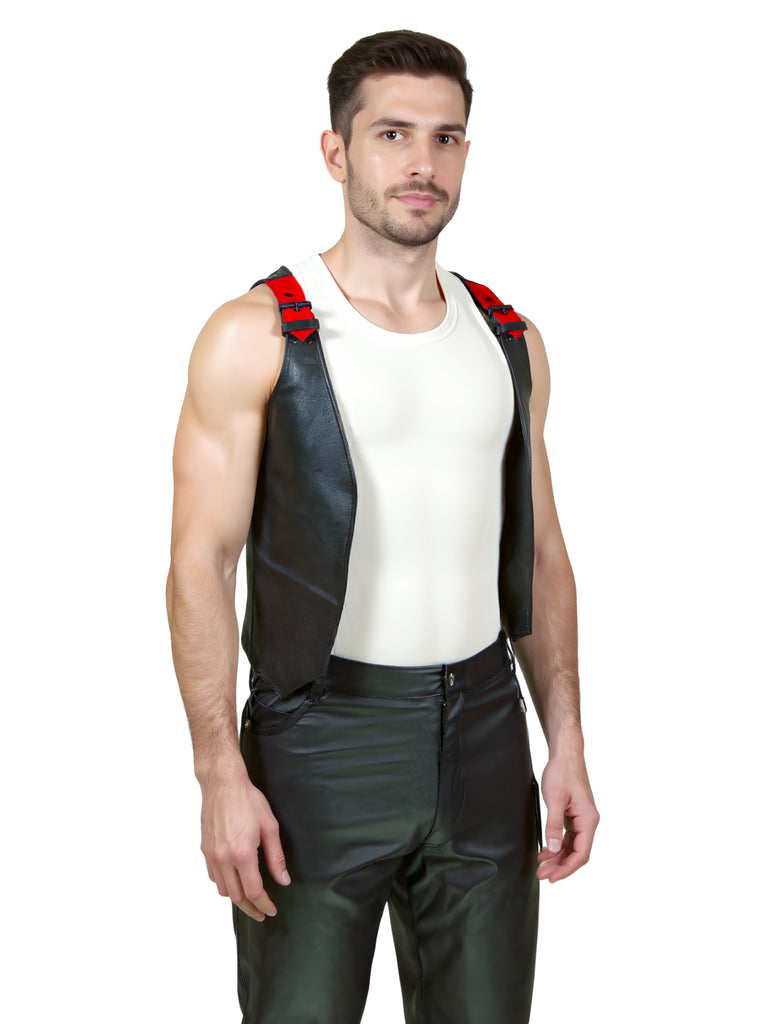 Black Leather Waistcoat With Purple Buckled Shoulders