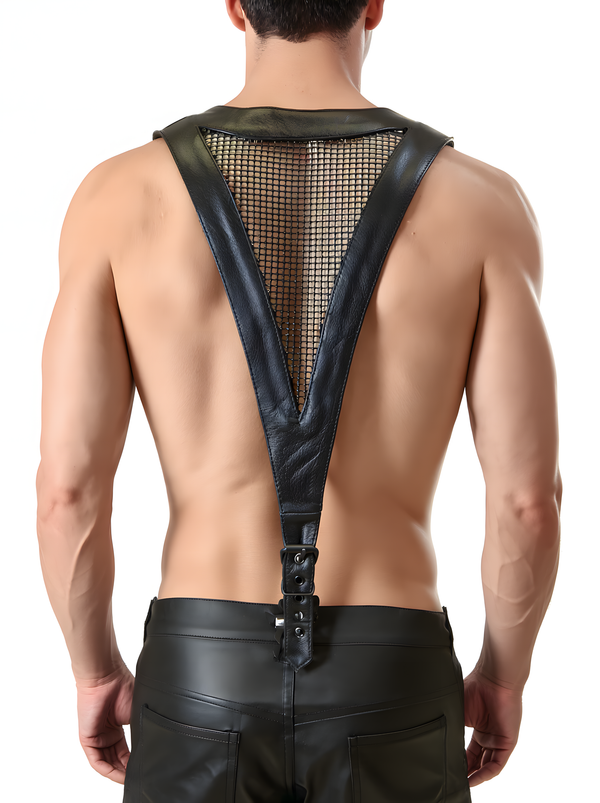 Black Leather Suspender Harness With Mesh Back