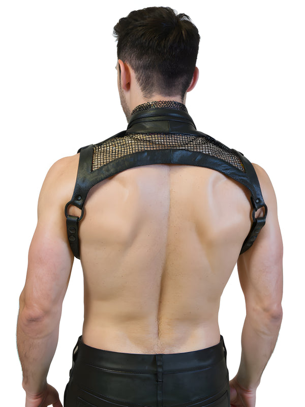 Black Leather Shirt Collar Harness With Mesh Panels