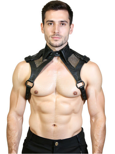 Black Leather Shirt Collar Harness With Mesh Panels
