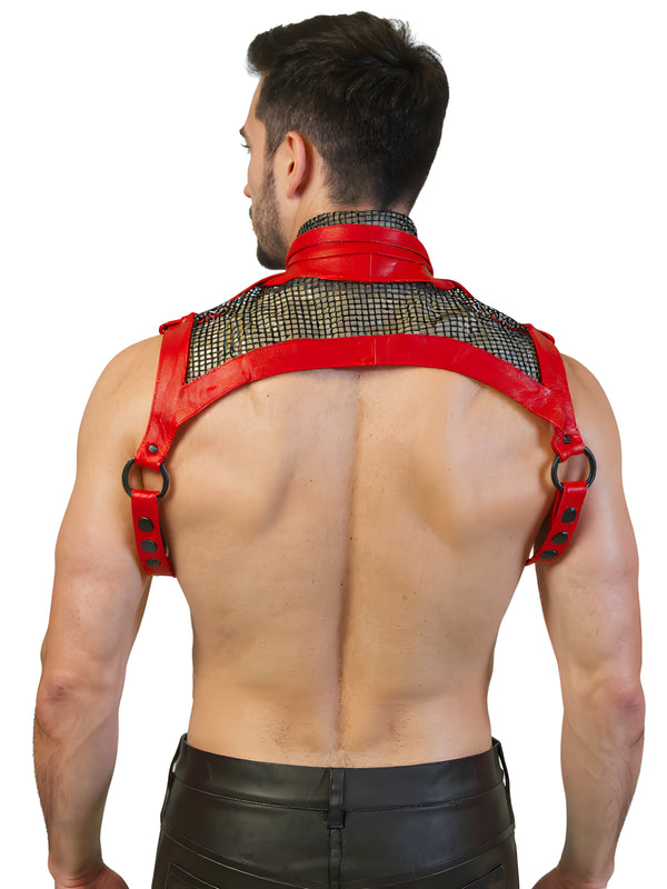 Red & Black Leather Shirt Collar Harness With Mesh Panels