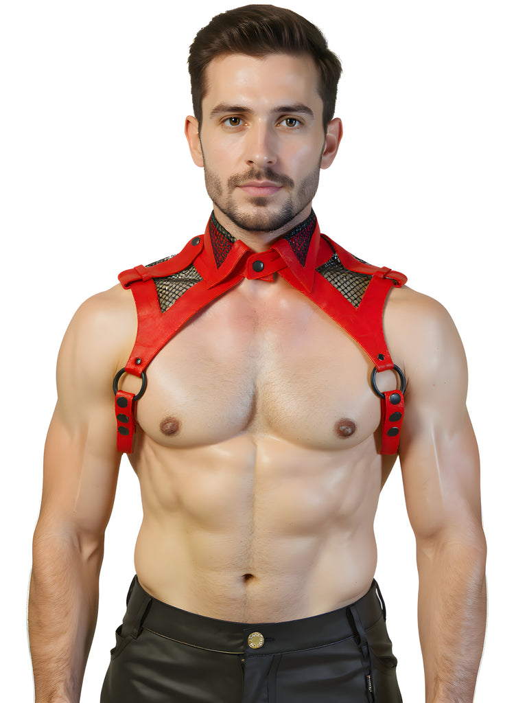 Black Leather Shirt Collar Harness With Mesh Panels