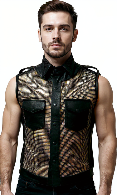 Black Leather & Mesh Sleeveless Shirt