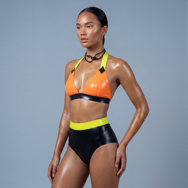 Tri-Tone Contrast Latex Halter Bikini Top