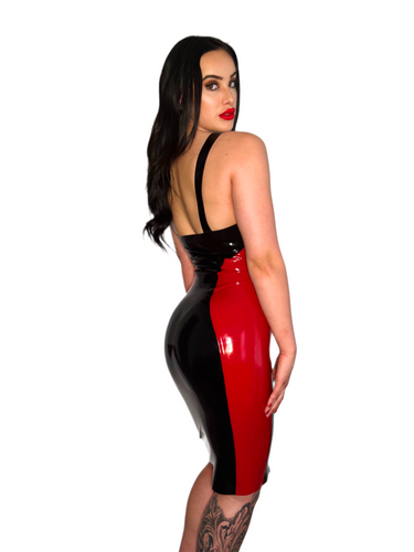Black and Red Latex/Rubber Latex Contrast Buckle Dress – Honour Clothing