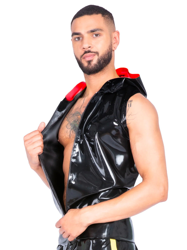 Black and Red Latex Sleeveless Hoodie with Front Zipper