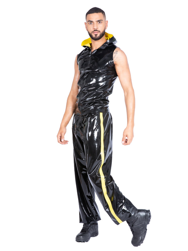 Black and Yellow Latex Sleeveless Hoodie with Front Zipper & Tracksuit Bottoms