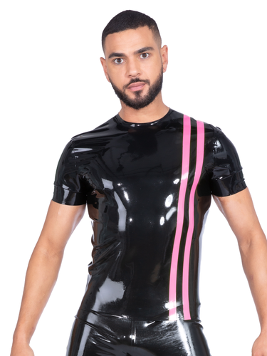 Black Latex/Rubber T-Shirt With Pink Front Stripes