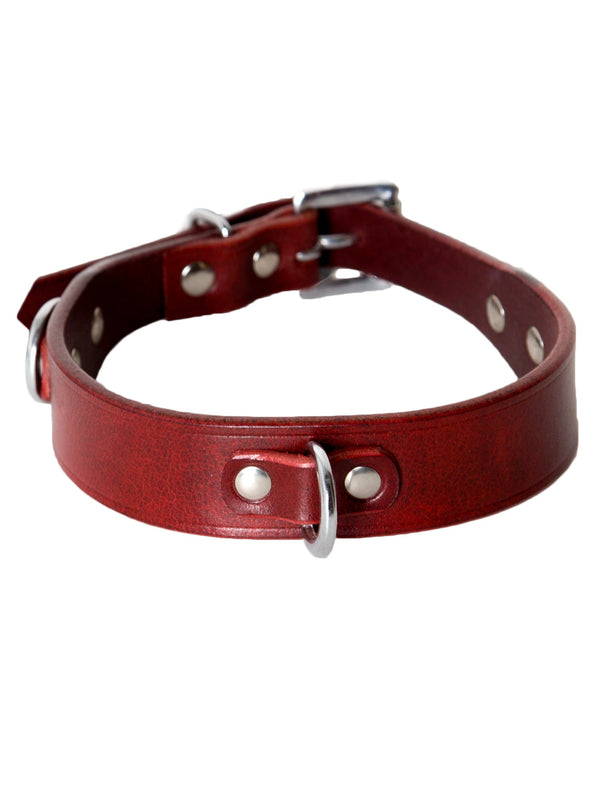 Deluxe Leather Triple D Ring Choker in Deep Red