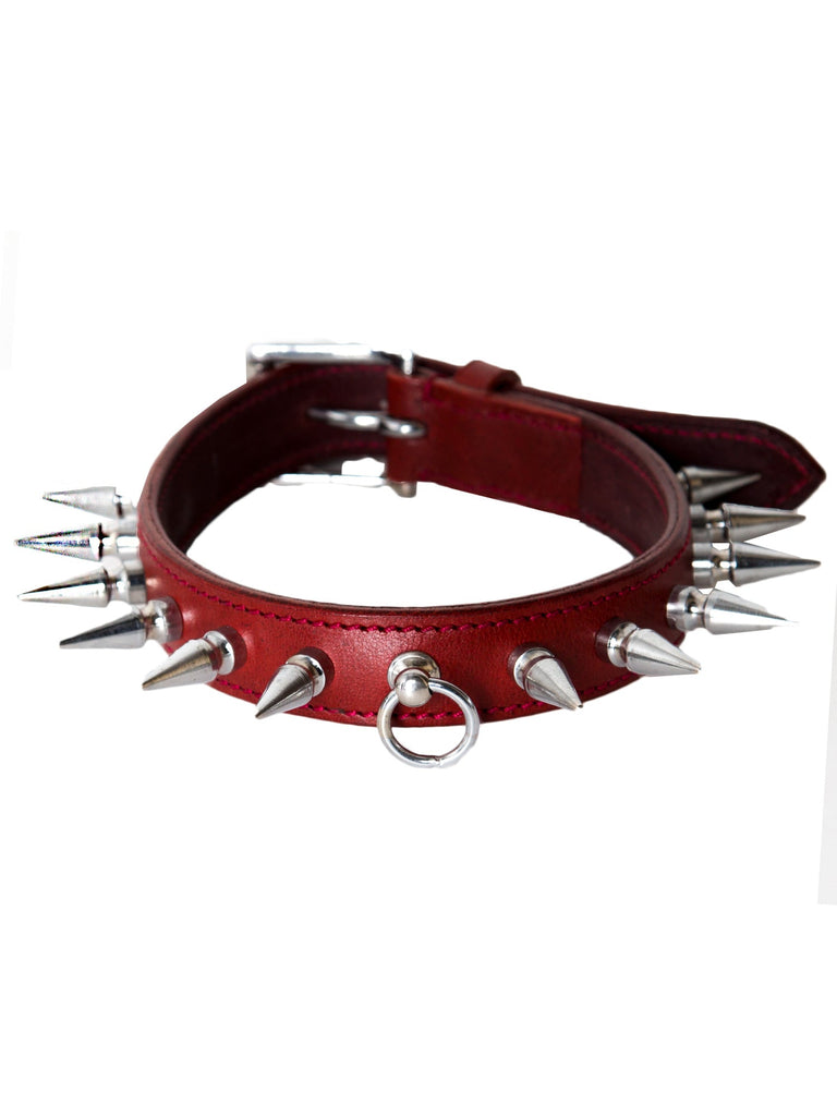Punk Leather Choker With Spikes & O Ring In Burgundy