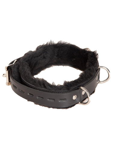 Leather Triple D Ring Lockable Choker With Fur Lining